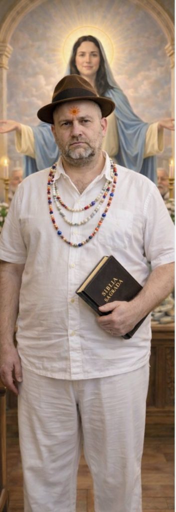 João Cascadura, o personagem satírico "presbítero carequinha", com chapéu e colares de contas coloridas, segurando uma Bíblia Sagrada em frente a uma capela com a imagem de Nossa Senhora ao fundo.