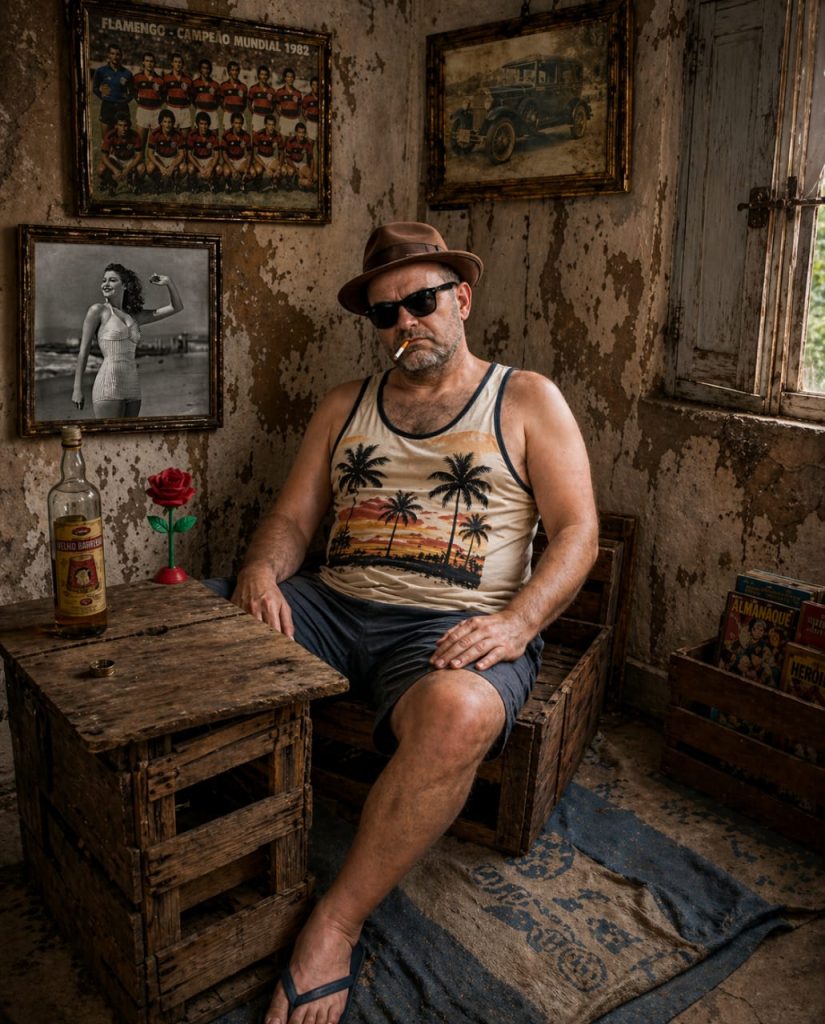 O personagem João Cascadura, um homem de meia-idade, careca, usando óculos de sol escuros e chapéu fedora marrom, com um cigarro na boca. Ele veste uma regata estampada com palmeiras e bermuda jeans, sentado em um banco de caixotes de madeira em um cômodo rústico com paredes descascadas. Ele está descalço, com um chinelo de dedo visível. Ao fundo, nas paredes, há três pôsteres vintage emoldurados: um time de futebol do Flamengo de 1982, um carro antigo e uma nova fotografia em preto e branco de uma mulher em traje de banho de peça única estilo colã dos anos 60. Em uma mesa lateral de madeira, há uma garrafa de cachaça Velho Barreiro, um copo pequeno e uma rosa vermelha em um vasinho. À direita, uma pilha de revistas antigas.